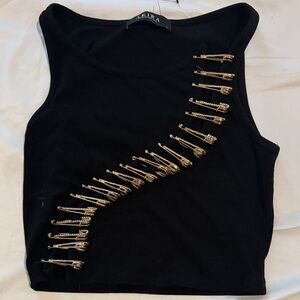AKIRA Black Tank Top with Gold Safety Pins